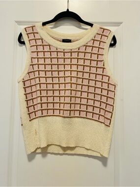 Talbots Cream and Pink Grid Knit Sleeveless Sweater Shell